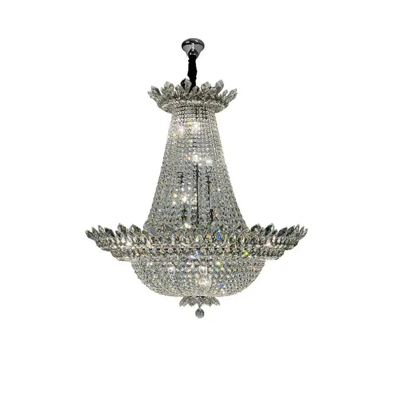 A sparkling silver decorbites crystal led chandelier with tiered fluted design and leaf-like embellishments for living room