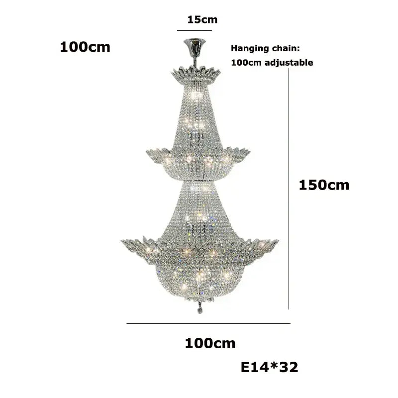 A three-tiered silver decorbites crystal led chandelier with cascading clear faceted crystals for living room lighting