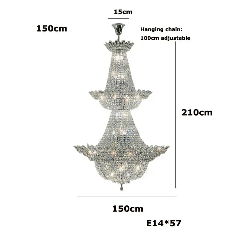A three-tiered decorbites crystal led chandelier with chrome metal frame and clear faceted crystals for living room lighting