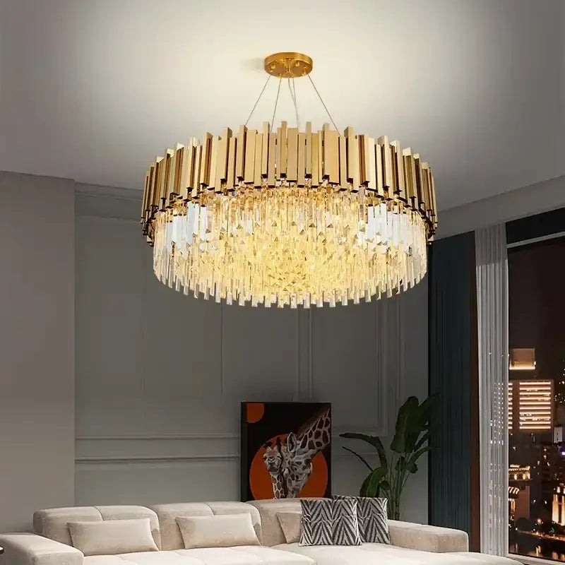 Gold-toned decorbites crystal led chandelier featuring vertical crystal rods and cascading glass prisms for dining room use