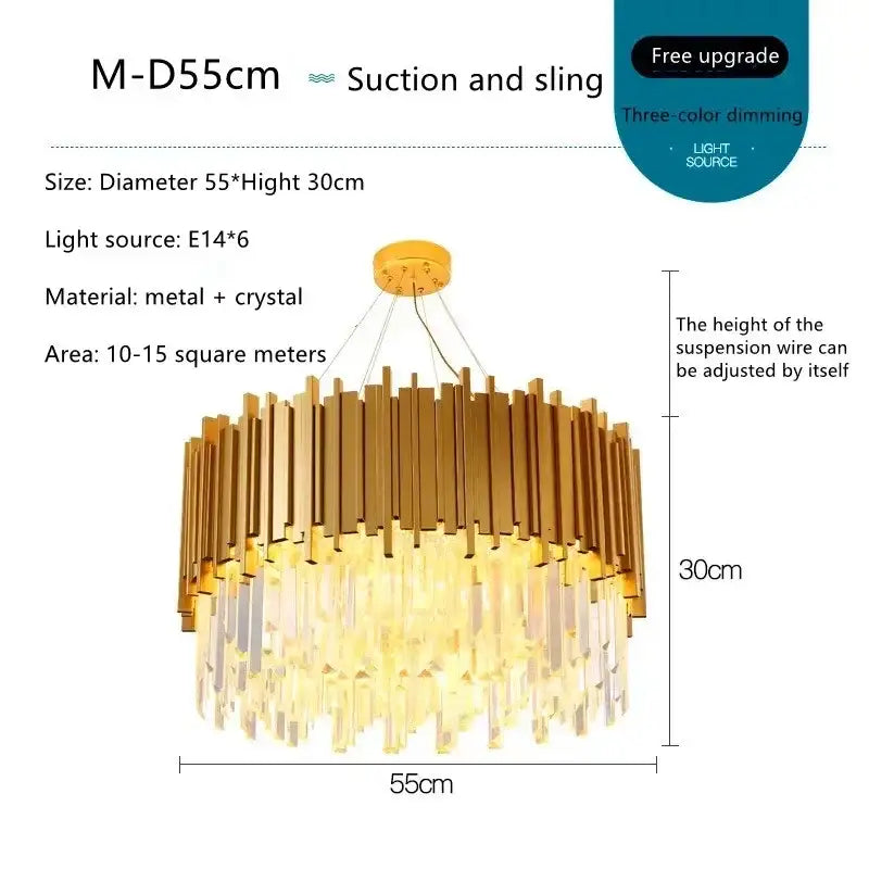 Gold-toned metal and crystal decorbites crystal led chandelier with a modern tiered design for dining rooms