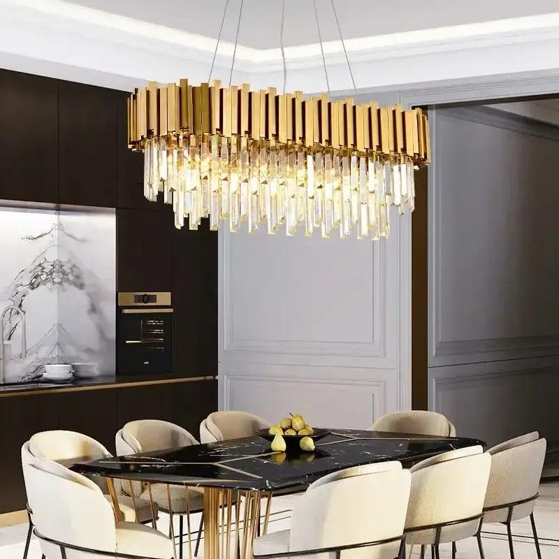 Gold-toned decorbites crystal led chandelier with circular frame and cascading clear crystal prisms for dining room light
