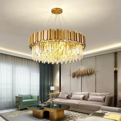 Golden decorbites crystal led chandelier with cascading crystal prisms and modern circular gold brass design for living room