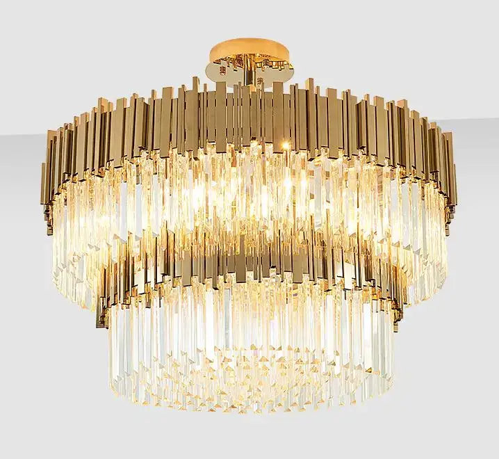 Gold-toned decorbites crystal led chandelier with multiple tiers of crystal and metallic rods for living room lighting