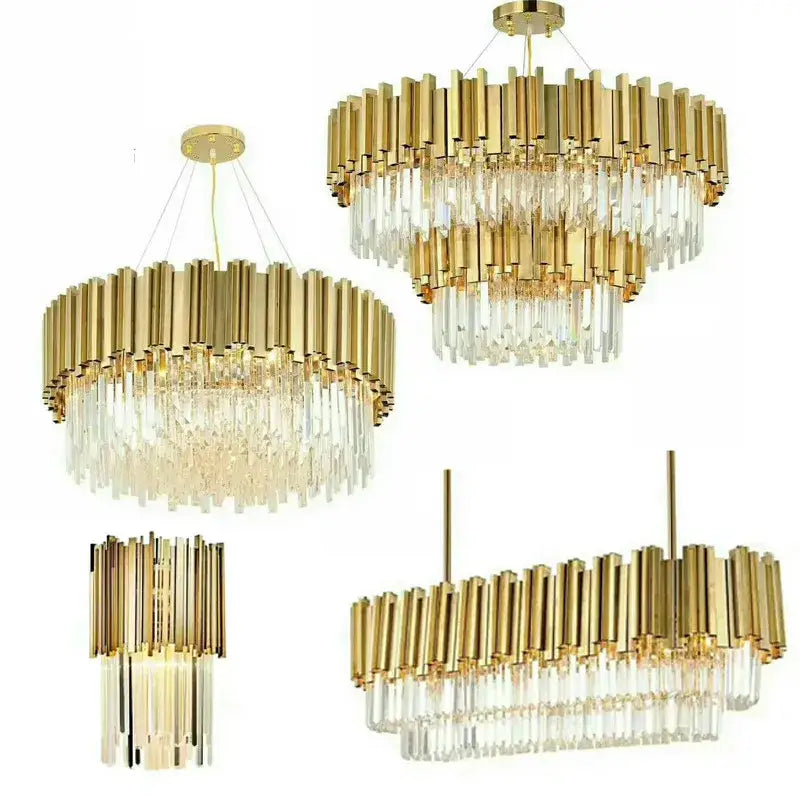 Gold-toned decorbites crystal led chandelier with cascading crystal droplets and vertical metallic bars for living room