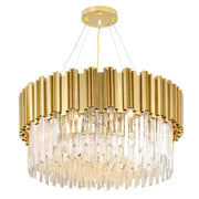 Gold-toned decorbites crystal led chandelier with vertical brass bars and cascading clear crystal prisms for living room