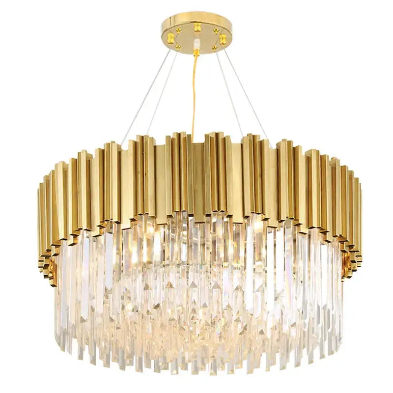 Gold-toned decorbites crystal led chandelier with vertical brass bars and cascading clear crystal prisms for living room