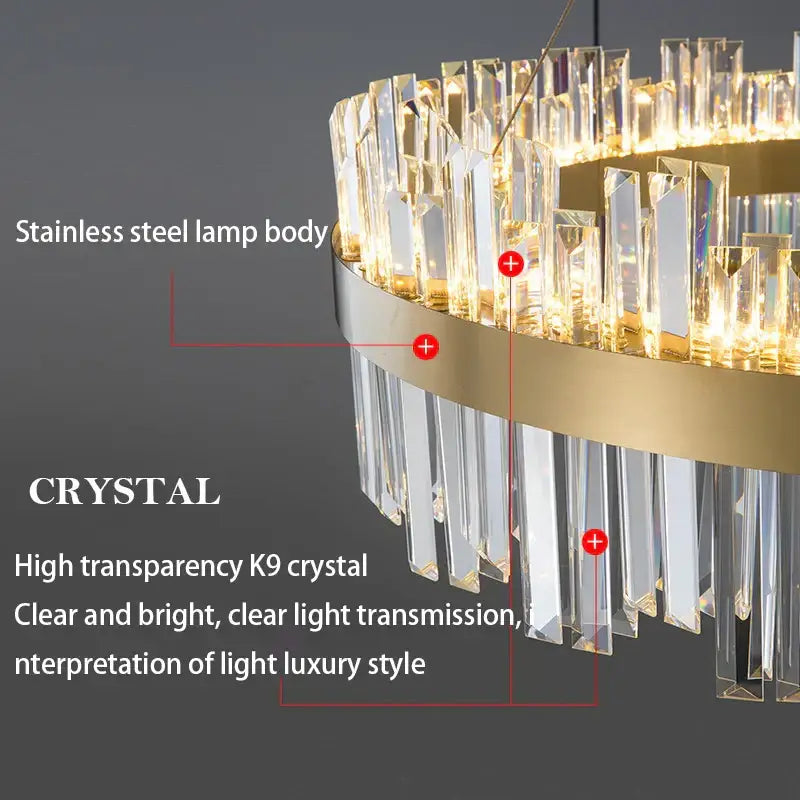 A modern decorbites crystal led chandelier with sleek stainless steel frame and gold k9 crystal prisms for dining room lighting
