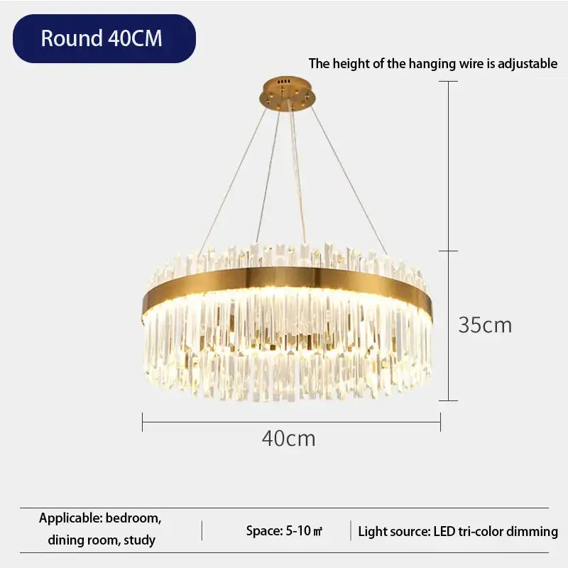 Gold-toned decorbites crystal led chandelier with cascading clear crystal strands and adjustable hanging wire for dining room lighting