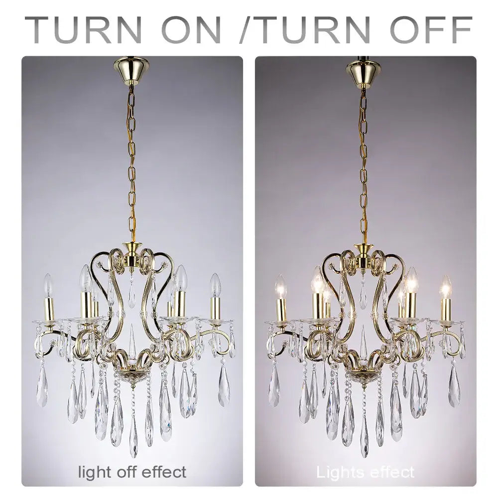 Brass-finished decorbites crystal led chandelier with clear crystal droplets and candle-style bulbs for dining rooms