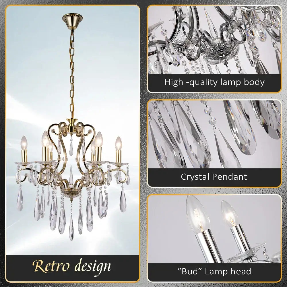 Gold-toned decorbites crystal led chandelier with ornate metal frame and crystal pendants for dining room lighting