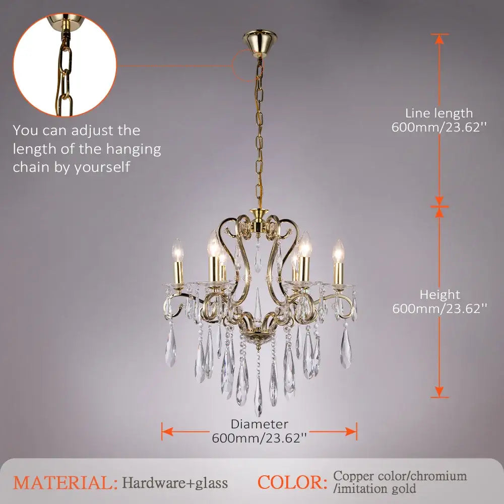 A decorbites crystal led chandelier with copper color gold finish, ornate metalwork, and crystal droplets for dining room