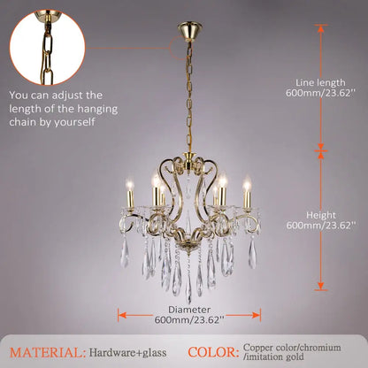A decorbites crystal led chandelier with copper color gold finish, ornate metalwork, and crystal droplets for dining room