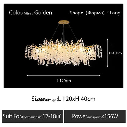 Golden decorbites crystal led chandelier with cascading crystal droplets and central circular fixture for dining room lighting