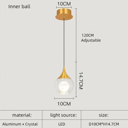 Gold-toned decorbites crystal led chandelier pendant light with clear crystal globe and aluminum inner ball for dining room