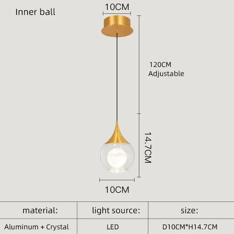 Gold-toned decorbites crystal led chandelier pendant light with clear crystal globe and aluminum inner ball for dining room