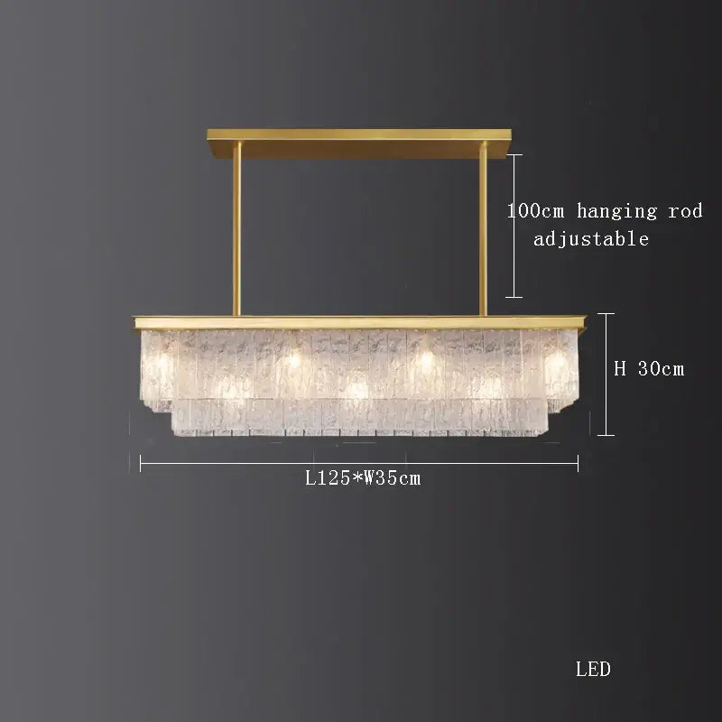 Gold-toned decorbites crystal led rectangular chandelier with layered textured glass panels for dining room lighting