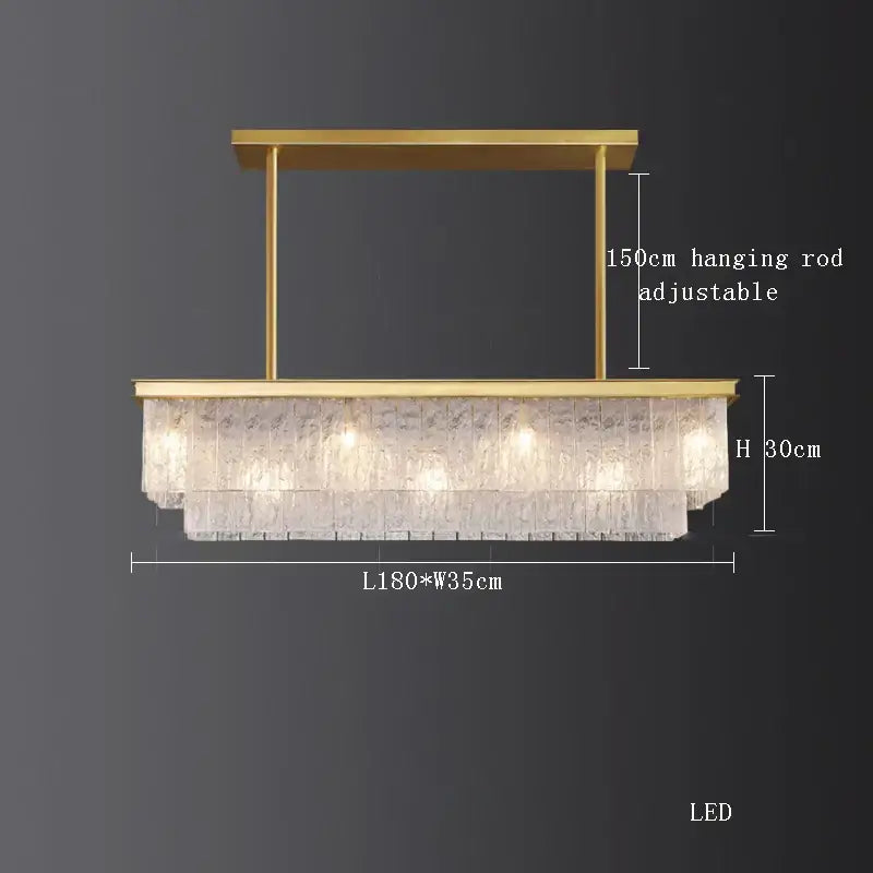Gold-toned decorbites crystal led rectangular chandelier with cascading clear crystal tiers for dining room lighting