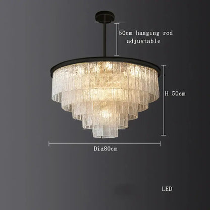 A decorbites crystal led chandelier featuring a tiered translucent glass design with a black metal frame and adjustable rod
