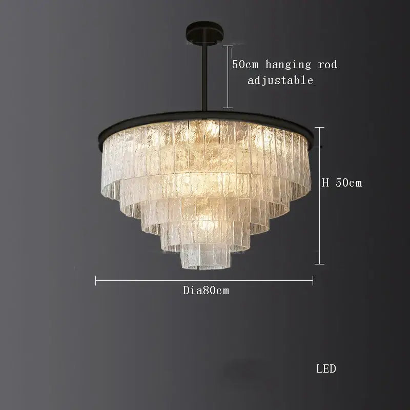 A decorbites crystal led chandelier featuring a tiered translucent glass design with a black metal frame and adjustable rod