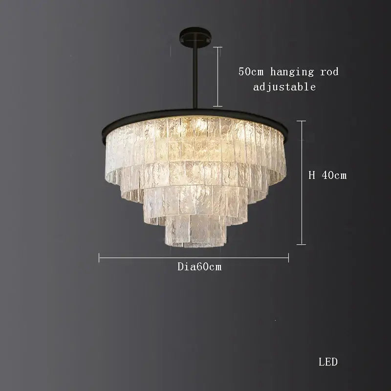 Elegant decorbites crystal led chandelier with tiered clear textured glass panels and matte black metal frame for dining room