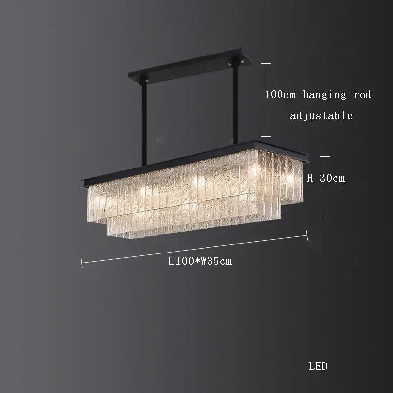 Decorbites crystal led rectangular chandelier with black frame cascading clear glass fringe for dining room light