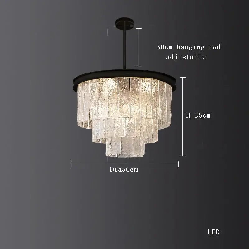 A tiered translucent glass decorbites crystal led chandelier with a black metal frame and adjustable hanging rod