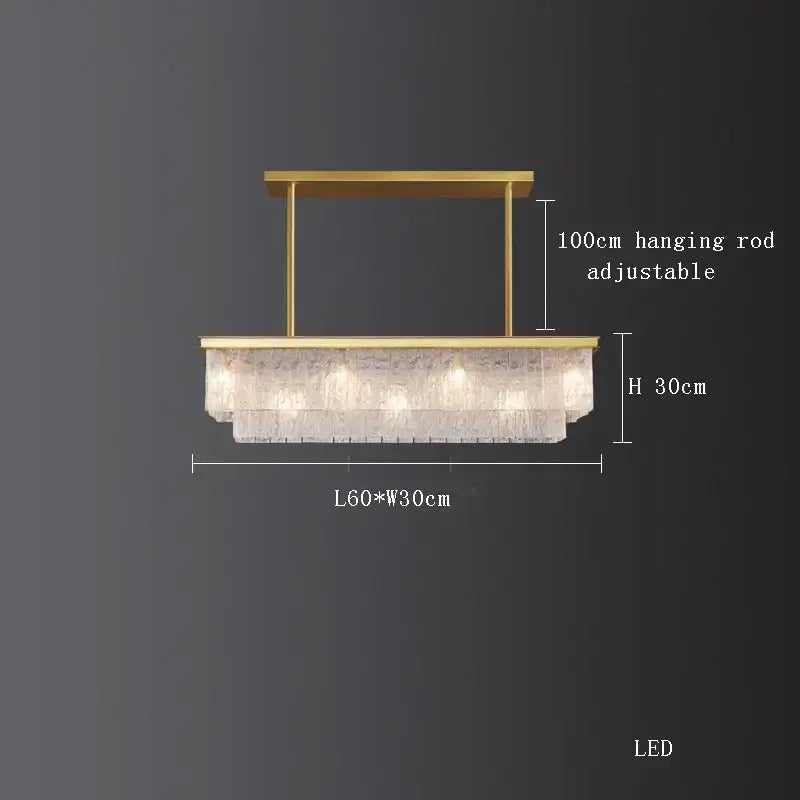 Decorbites crystal led gold rectangular chandelier with layered textured glass panels and adjustable hanging rod for dining room