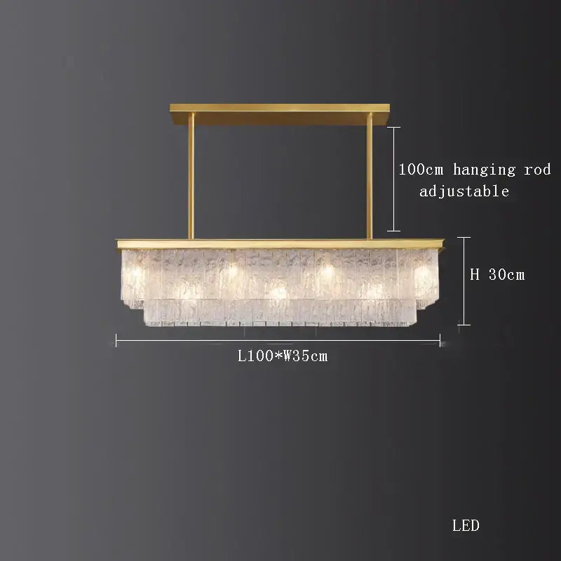 Gold-toned decorbites crystal led rectangular chandelier with cascading frosted glass tiers for dining room lighting