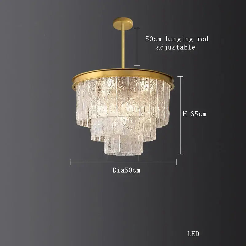 Gold-toned decorbites crystal led chandelier with tiered textured glass shades and adjustable hanging rod for dining room