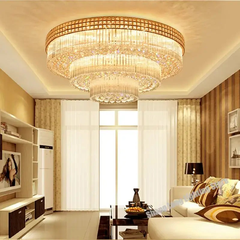 A decorbites crystal led chandelier with gold frame and clear crystals tiered ceiling lamp for living room lighting