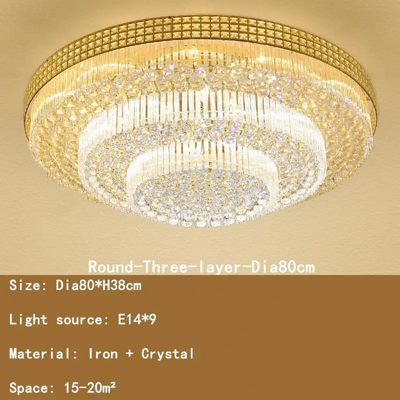 Gold-toned three-layer decorbites crystal led chandelier with intricate iron frame and cascading clear crystals ceiling lamp for living room
