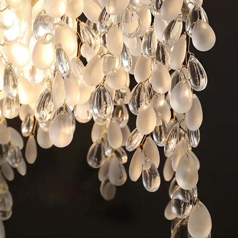 Elegant decorbites crystal led chandelier with cascading frosted and clear teardrop crystals and gold metal frame