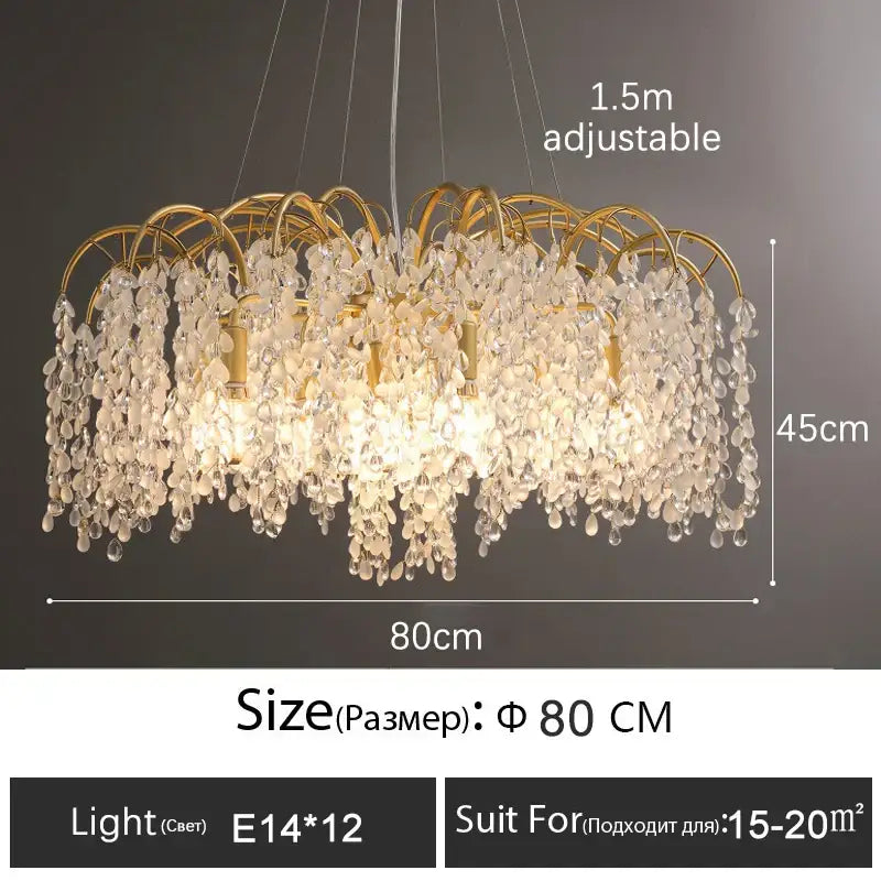 Gold-toned decorbites crystal led chandelier with cascading clear crystal droplets and curved arched frame for luxury living room