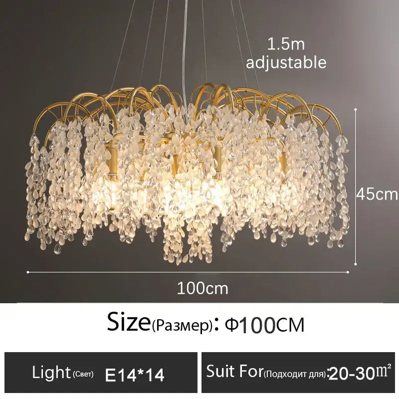 Gold-toned decorbites crystal led chandelier with cascading clear crystal droplets 100cm diameter for luxury living room