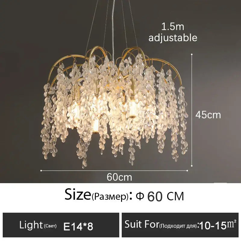 Decorbites crystal led golden luxury living room ceiling lamp with cascading crystal droplets and adjustable height