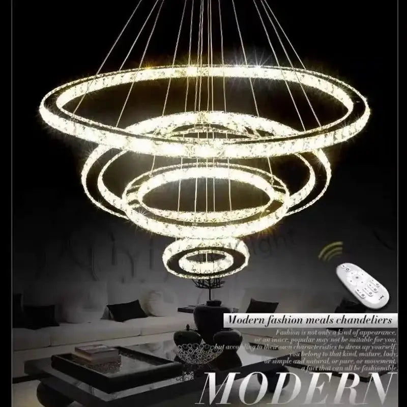 Modern chrome multi-tiered decorbites crystal led chandelier with glowing crystal rings for living room lighting