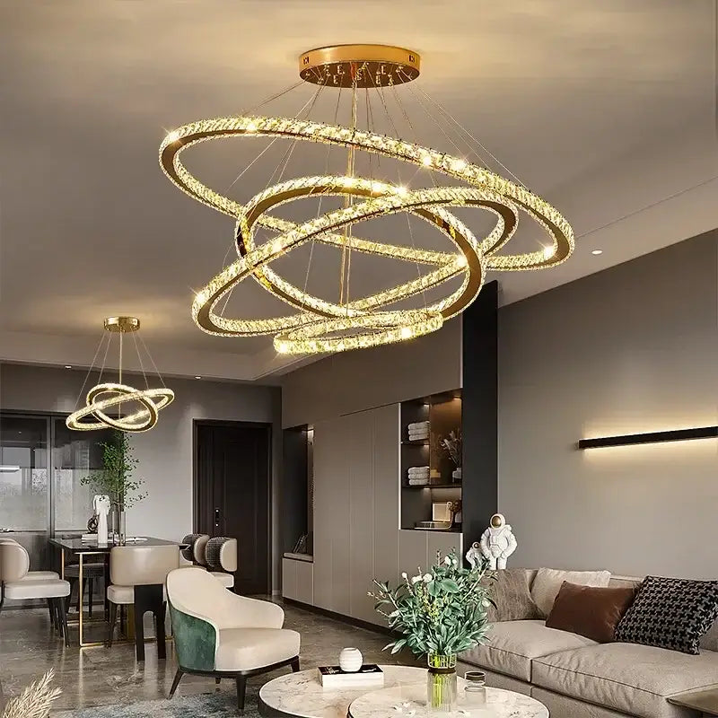 Golden spiral decorbites crystal led chandelier with crystal accents and modern chrome ring for living room lighting