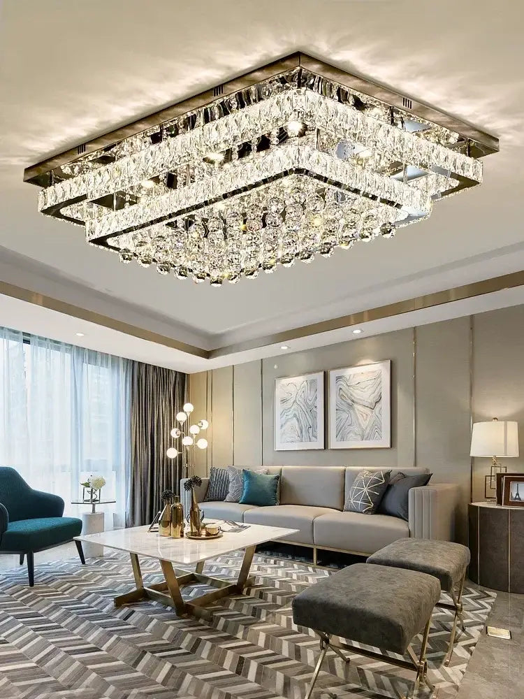 Rectangular decorbites crystal led chandelier with silver chrome frame and faceted glass for dining room lighting