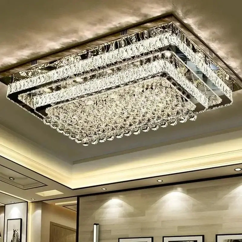 Rectangular decorbites crystal led chandelier with layered faceted glass tiers and silver chrome teardrop crystals