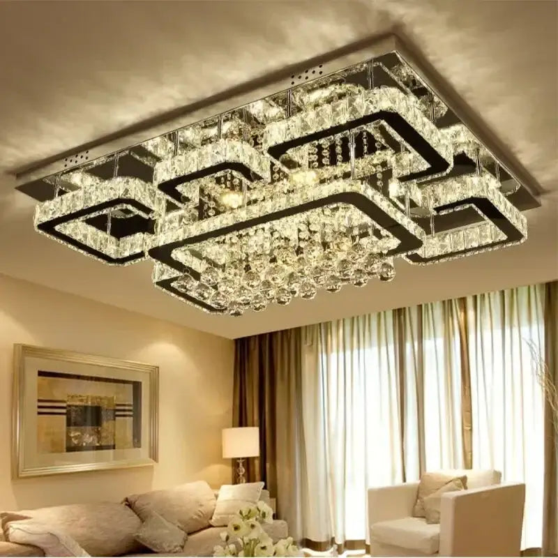 Modern rectangular decorbites crystal led chandelier with layered black metal frames and cascading clear glass beads