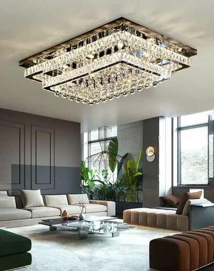 Rectangular decorbites crystal led chandelier with silver chrome frame and faceted glass tiers for dining room lighting