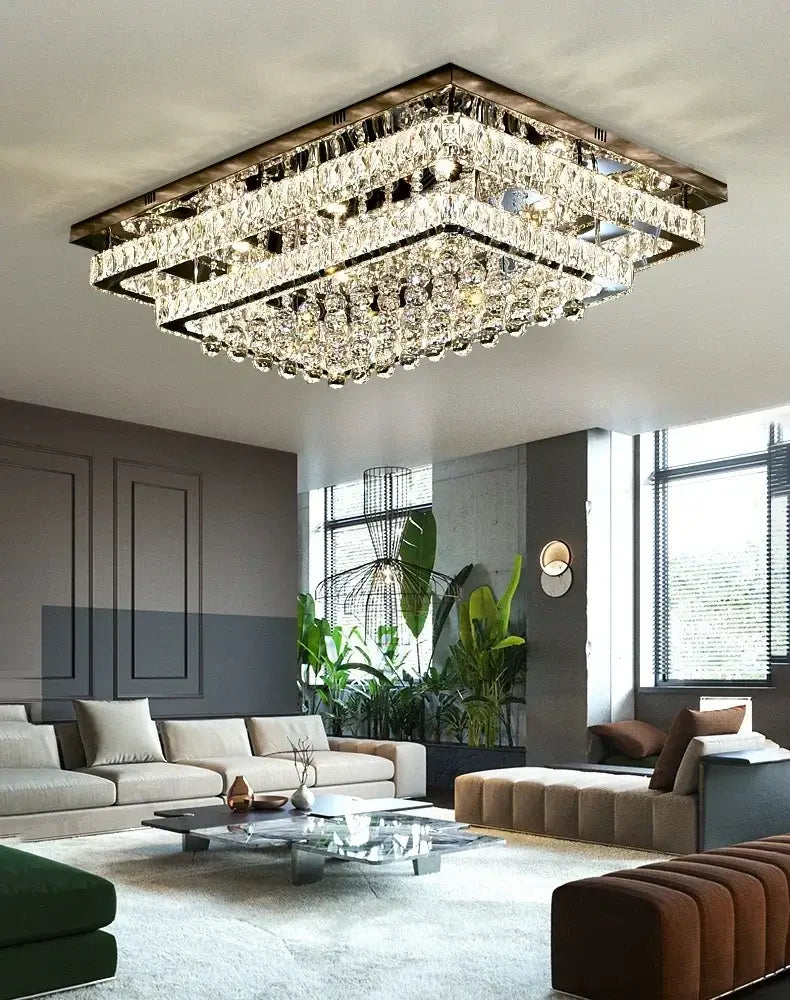 Rectangular decorbites crystal led chandelier with silver chrome frame and faceted glass tiers for dining room lighting