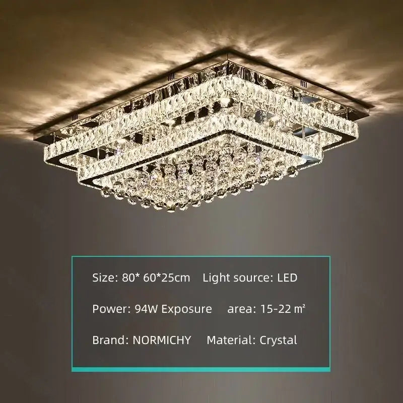 A decorbites crystal led chandelier with layered faceted glass and a sleek black metal frame for dining rooms