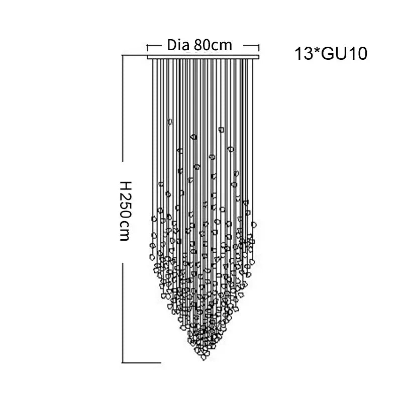 A modern decorbites crystal led chandelier with 13 gu10 lights in a cascading waterfall design for staircases