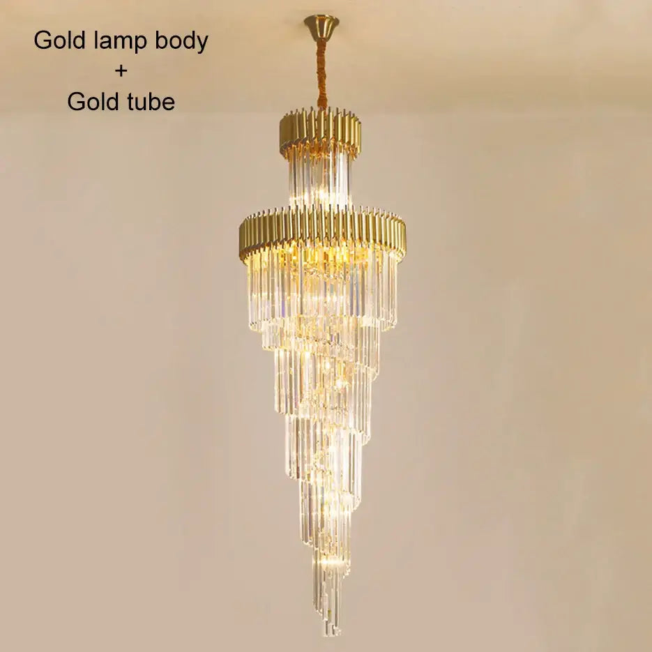 Elegant gold-toned decorbites crystal led multi-layer staircase chandelier with cascading clear glass tubes and tiered rings