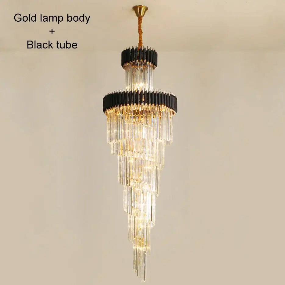 Elegant decorbites crystal led multi-layer staircase chandelier with gold lamp body black tubes and clear crystal rods