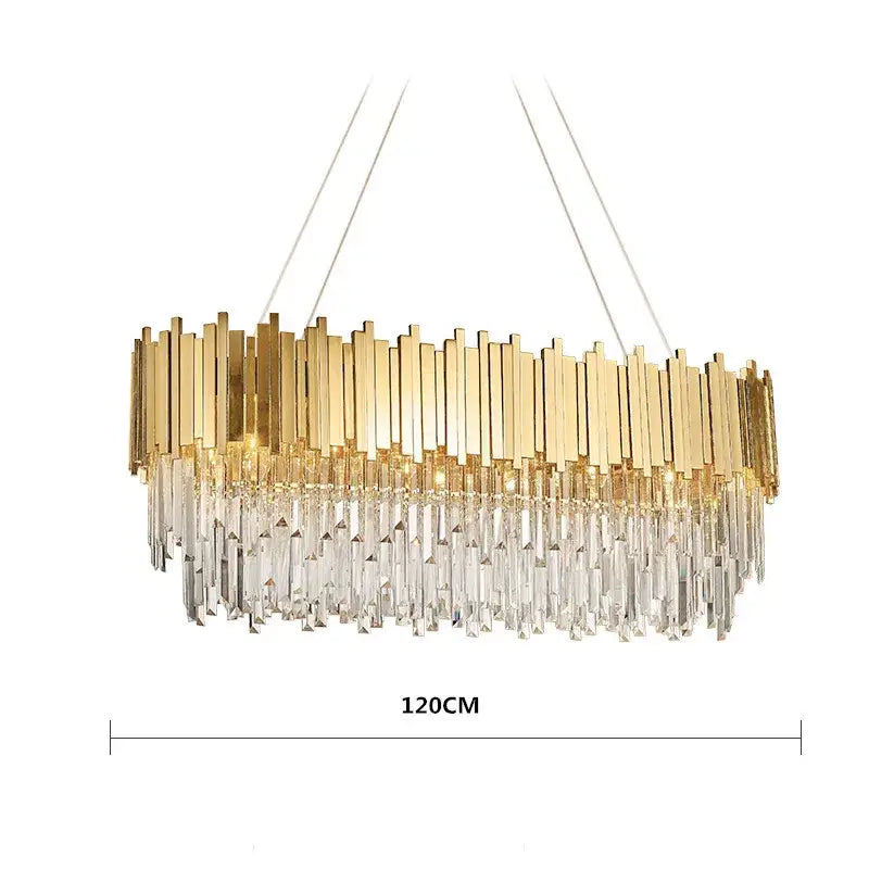 Gold and clear crystal decorbites crystal led pendant chandelier with vertical bars and cascading prisms for dining room