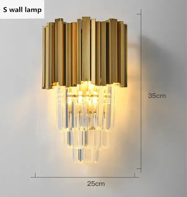 Gold-toned decorbites crystal led wall lamp with vertical brass bars and cascading crystal prisms for elegant lighting