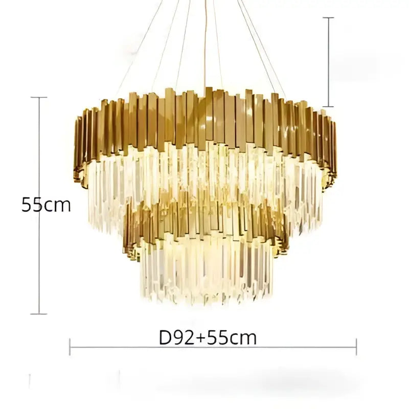 Gold-toned decorbites crystal led pendant chandelier with tiered cylindrical rods and cascading prisms for dining room